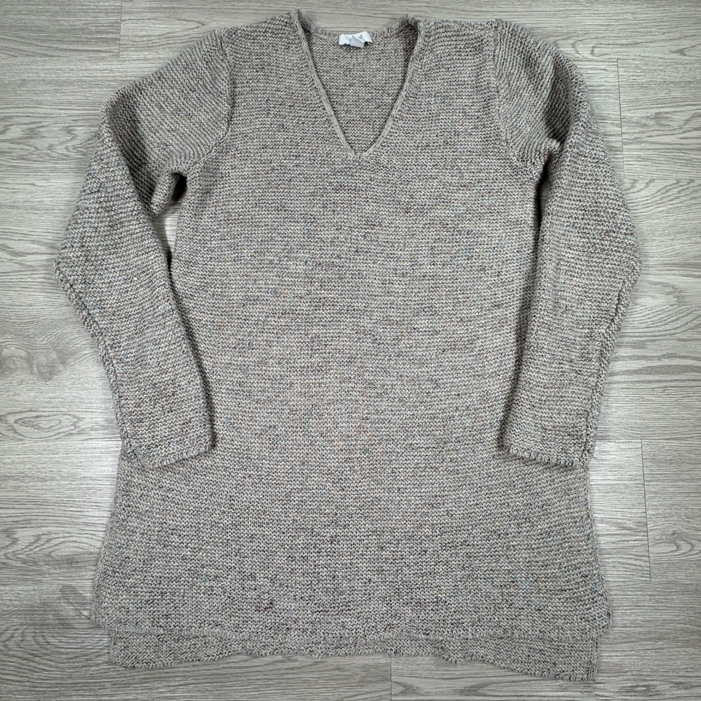 Pure Jill Women's Sweater Tunic Small Tan Gray Marled Cotton Blend V-Neck Slit